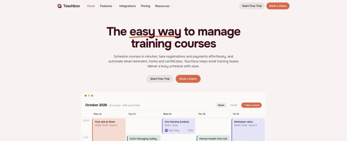 The Teachbox homepage, showing a week of training courses in the Teachbox calendar