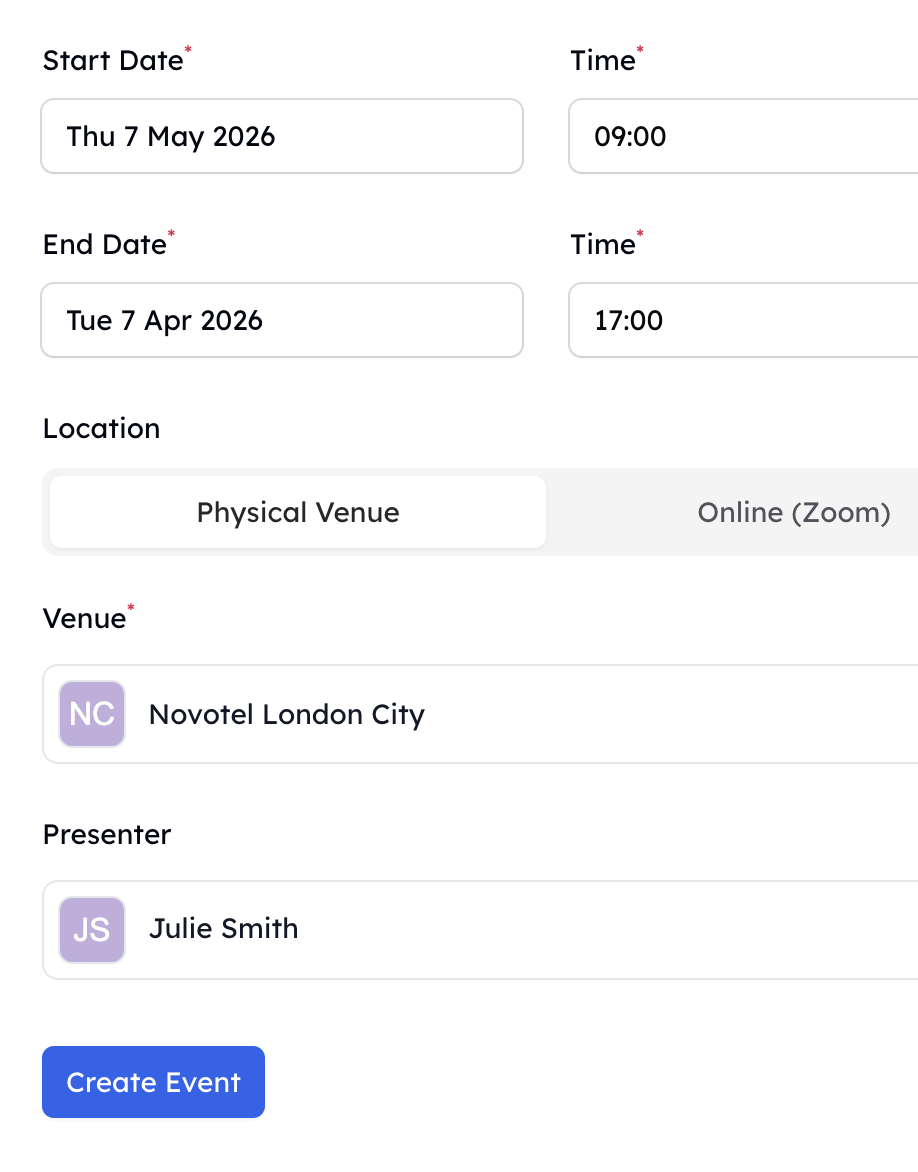 Schedule in-person, online, and blended courses in minutes