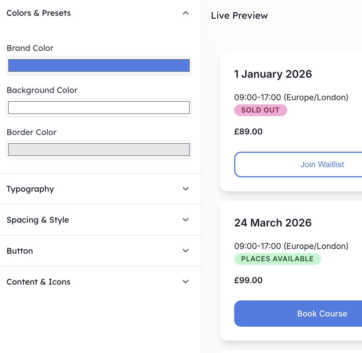 Create upcoming course lists that match your brand